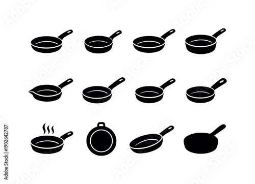 Frying Pan. Solid icon set of Frying Pan: nonstick frying pan, cast iron pan, shallow frying pan, deep frying pan, frying pan with pour