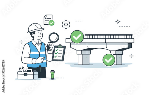 Bridge safety inspection. An engineer examining a bridge section with simple tools and check marks, representing quality control