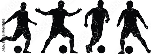 Soccer player silhouette set showing football dribbling and control actions isolated on white background sport motion illustration stock