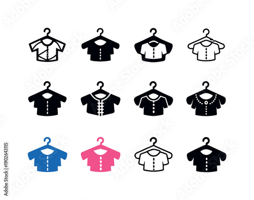 Sewing Icon Set. Sewing clothes. Icon set. Set Logo of Sewing clothes: clothes hanger with stitched shirt. harmonious logo variations of the same emblematic
