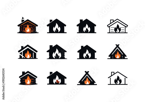 Warm, cozy cabin with a fire burning inside. Icon set. Set Logo of warm, cozy cabin with a fire burning inside: silhouette of cabin with