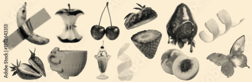 "Haftoon Surreal Fantasy Abstract Collage Illustration with Bananas, Apples, Cherries, Strawberries, Oranges, Peaches, Tomatoes, Ice Creams, Sundaes, Teacups, Butterflies, Fish Heads, and Creative Art