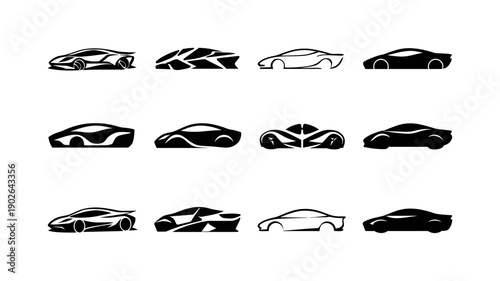 Futuristic Car Logos. Model cars. Icon set. Set Logo of model cars: futuristic concept model car. harmonious logo variations of the same emblematic concept,
