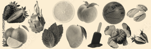 Haftoon Surreal Fantasy Abstract Collage Illustration with Summer Fruits, Strawberries, Dragon Fruits, Lemons, Peaches, Watermelons, Macarons, Limes, Oranges, Mangoes, Popsicles, Bananas, and Creative