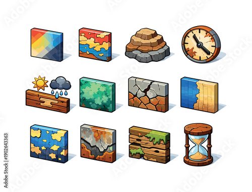Aging Effects. Colorful isometric vector icons set of Aging Effects: fading color effect, paint wear texture, surface erosion icon, time