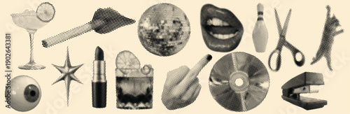 Haftoon Surreal Fantasy Abstract Collage Illustration with Cocktail Glasses, Dollar Bills, Disco Balls, Lips, Cats, Stars, Eyeballs, Lipsticks, CDs, Scissors, Bowling Pins, and Creative Artistic Symbo