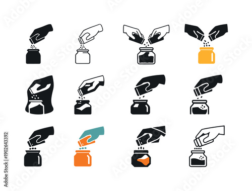 Spice Jar Icon Set. Refilling a spice jar. Icon set. Set Logo of Refilling a spice jar: hand pouring spice into jar. harmonious logo variations of the same