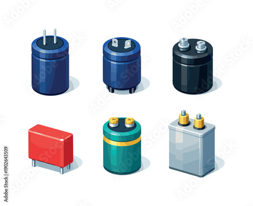 Power capacitors. Isometric flat vector icons set of power capacitors: large electrolytic capacitor, snap-in capacitor, screw terminal