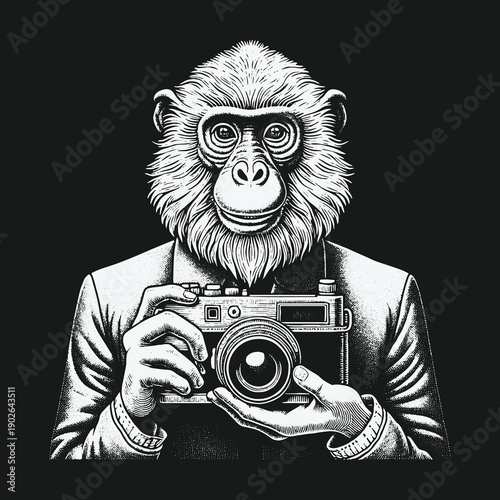 Monkey Photographer: A Detailed Black and White Illustration.