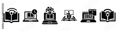 set of minimalist digital academic report icons. E-learning silhouette vector icon set in black color and white background