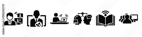 set of minimalist digital classroom tools icons. E-learning silhouette vector icon set in black color and white background