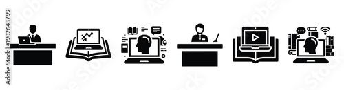 set of minimalist digital course outline icons. E-learning silhouette vector icon set in black color and white background