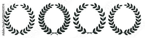 Set black silhouette circular laurel foliate wreaths, wheat and oak, award and achievement symbols, heraldic emblem, nobility, Greek branch, flat design, stock vector