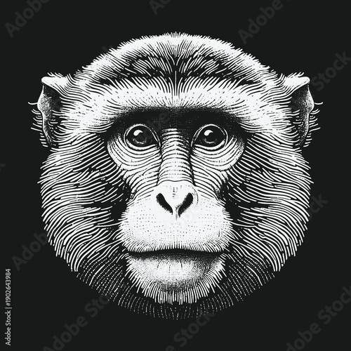 Detailed Engraving of a Monkeys Face with Intense Gaze.