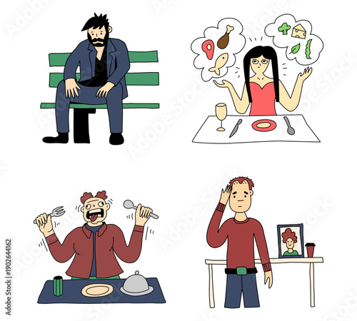 People experiencing mixed emotions while eating and socializing in various settings