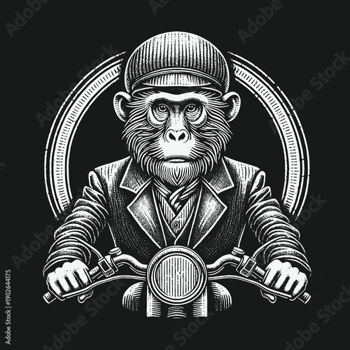 Monkey Biker Illustration: A Vintage Ride with Style and Attitude.