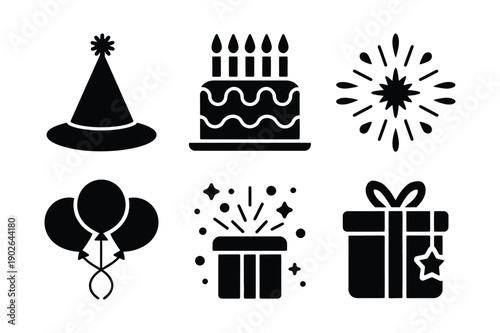Birthday Party Black Silhouette Icons: Cake, Hats, Gifts
