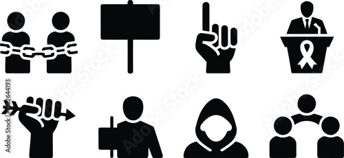 Eight impactful black vector icons representing protest, human rights, communication, and social connection themes