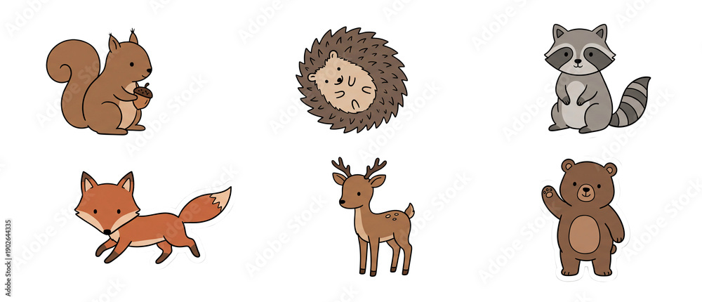 Fototapeta premium Minimal doodle woodland critters sticker Set.