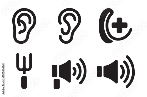 Hearing and Sound Black Silhouette Icons: Ear, Megaphone, Call