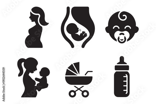Pregnancy and baby icons: Pregnant woman, Baby, Stroller