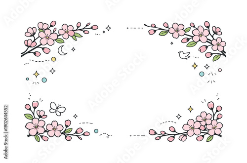 Springtime Cherry Blossoms. Cherry blossom branches for seasonal design. Elegant branches frame the composition, suggesting springtime celebration and natural
