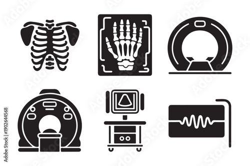 Medical imaging icons: Rib cage, X-ray, MRI scanner