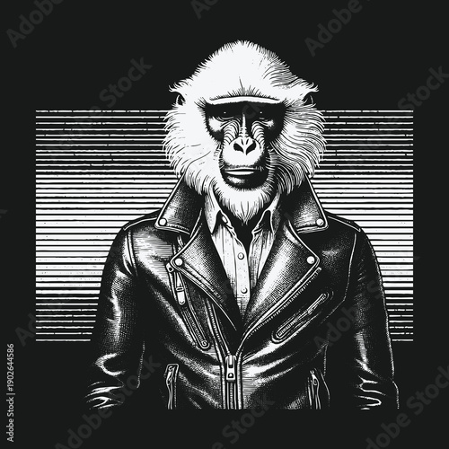 Monkey in Leather Jacket: A Stylish Anthropomorphic Portrait.