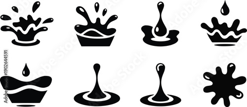 Eight sleek black silhouette icons depicting various water splashes and liquid drops creating ripples