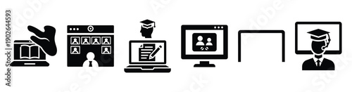 set of minimalist digital learning strategy icons. E-learning silhouette vector icon set in black color and white background