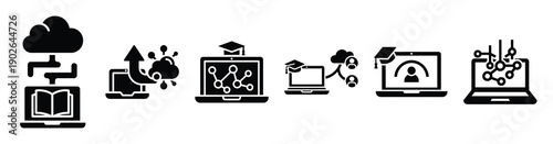 set of minimalist digital learning virtual icons. E-learning silhouette vector icon set in black color and white background