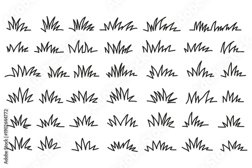 Grass line doodle. Outline grassland or meadow sketch, simple field design. Black grass brush stroke hand drawn texture for garden pattern or lawn. Herb marker vector isolated element
