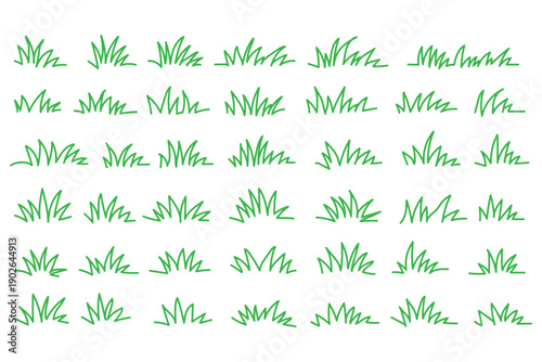 Grass line doodle. Outline grassland or meadow sketch, simple field design. Black grass brush stroke hand drawn texture for garden pattern or lawn. Herb marker vector isolated element