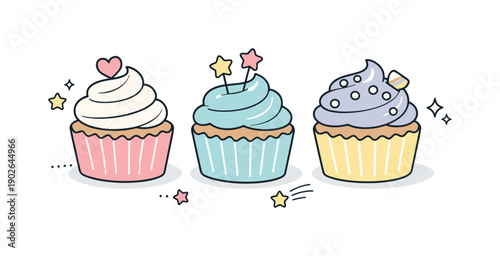 Cupcakes pastel. A trio of pastel-colored cupcakes arranged neatly in a row with soft shadows and gentle decorations. The mood is sweet,