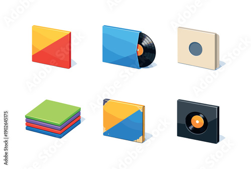 Colorful Vinyl Icons. Vinyl Record Sleeve. Isometric flat vector icons set of Vinyl Record Sleeve: vinyl record sleeve cover, partially pulled vinyl record,