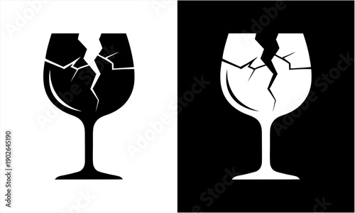 Broken glass icon, fragile symbol for packaging, black and white design.