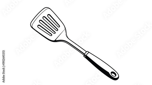 Simple black and white line art of a kitchen spatula with a handle and slots, used for flipping and serving food in the kitchen.