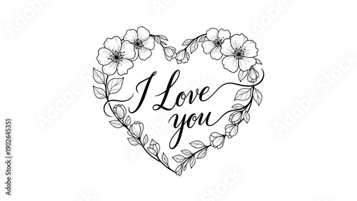 Delicate floral heart wreath featuring hand drawn blossoms and leaves surrounding elegant script that reads I Love you in black ink style.