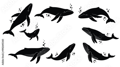 Collection of black whale silhouettes swimming in different poses among rising bubbles representing majestic marine life in the deep blue ocean.