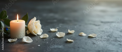White candle with white rose and scattered petals on grey stone, panoramic copy space, elegant memorial background for funeral services web banner.

