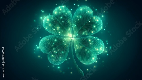 Glowing digital art of a four leaf clover with a futuristic tech inspired design