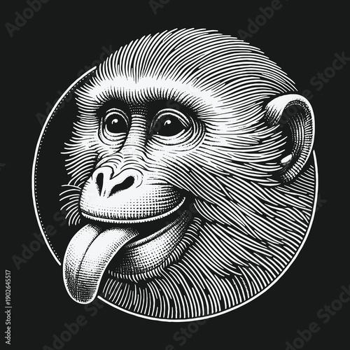 Whimsical Monkey Portrait: A Detailed Engraving with Playful Expression.