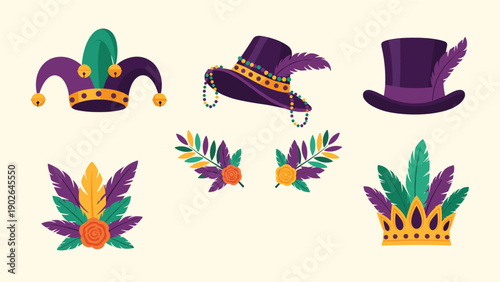 Collection of Mardi Gras celebration items including jester hats, crowns, feathers, and colorful masks on a pale background.