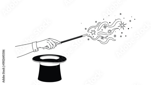 Magician's black top hat with a magic wand casting stars and sparkling light, shown in a simple line art style on white background.