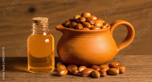 bottle of Argan oil, and A clay pot filled with argan seeds