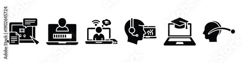 set of minimalist digital study materials icons. E-learning silhouette vector icon set in black color and white background