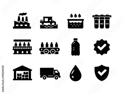 drinking water factory. Solid icon set of drinking water factory: factory building, water intake, filtration tank, purification filter,