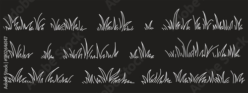 Hand drawn bush and grass icon set, black outline collection of garden shrub and foliage elements for landscape and design projects