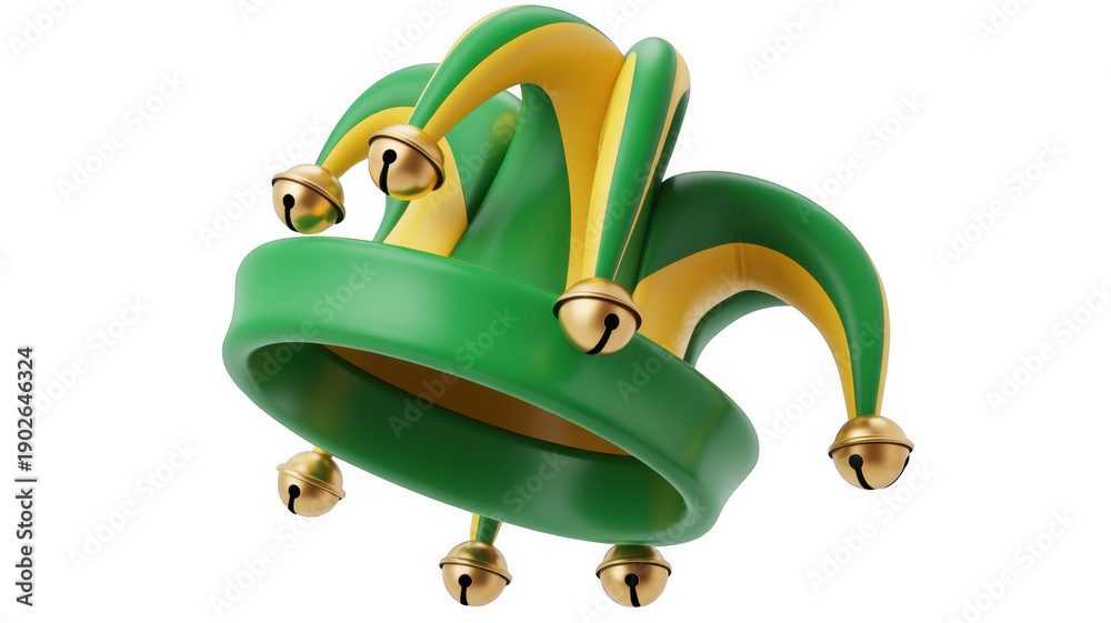Fototapeta premium Green and gold jester hat with bells isolated on a transparent background