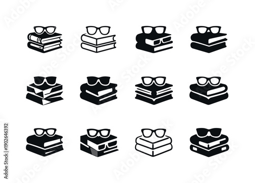 bedside book. Icon set. Set Logo of bedside book: stacked books with glasses. harmonious logo variations of the same emblematic concept, each